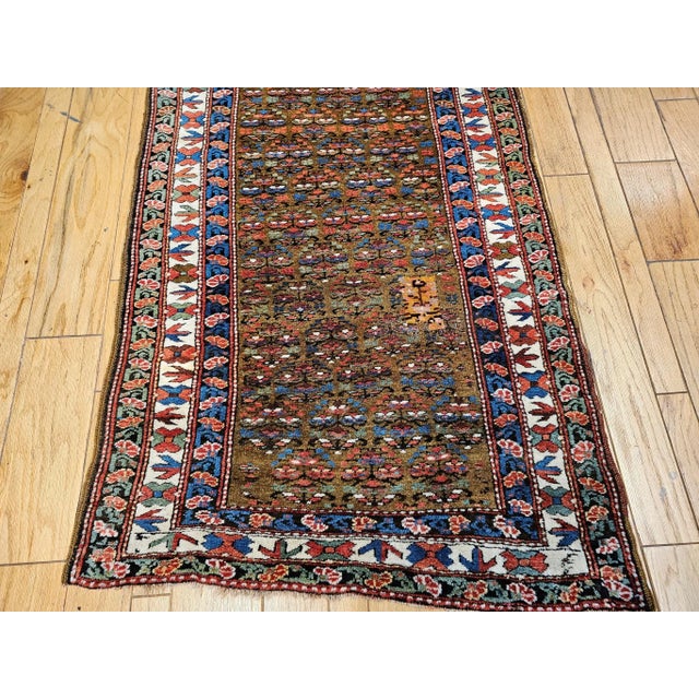 Early 20th Century Vintage Persian Kurdish Camelhair Runner Rug, Hand-KnottedWool, Allover Pattern, 4x14, Camelhair & Ivory For Sale - Image 5 of 12