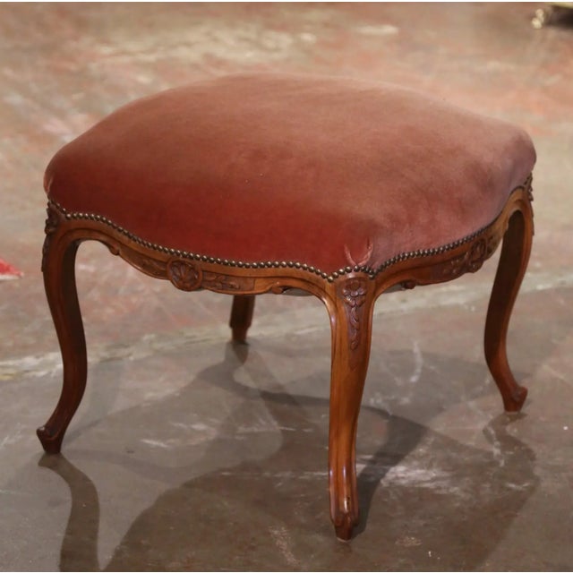 Early 20th Century Title: Early 20th Century French Louis XV Walnut Stool With Velvet Seat For Sale - Image 5 of 9