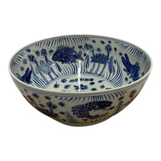 Large Blue & White Chinoiserie Koi Fish Bowl For Sale