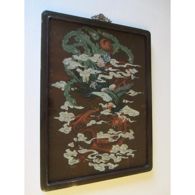 1930s Chinese Dragon Painted Glass Colored Flowers White Clouds Brown Wood Frame Brass Hanging Hardware For Sale - Image 10 of 14