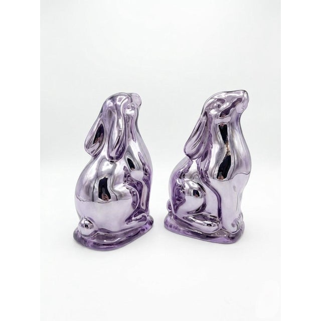 Pair of Vintage Mid-Century Lavender Iridescent Glass Bunny Bookends For Sale - Image 4 of 11