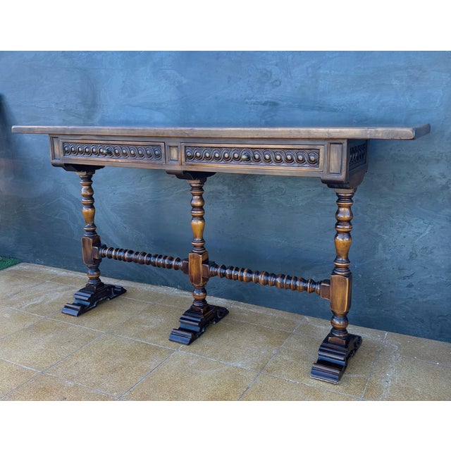 Spanish Carved Wood Console Table With Two Drawers Signed by Valenti For Sale - Image 12 of 16