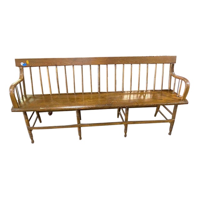 19th Century Early American Primitive Style Pine Oak Windsor Style Spindle Back Plank Seat Deacon's Bench For Sale