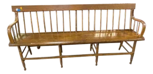 19th Century Early American Primitive Style Pine Oak Windsor Style Spindle Back Plank Seat Deacon's Bench
