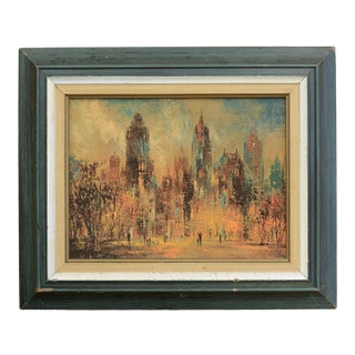 Vintage Print of Signed Mid Century Brutalist Cityscape Painting, Framed For Sale
