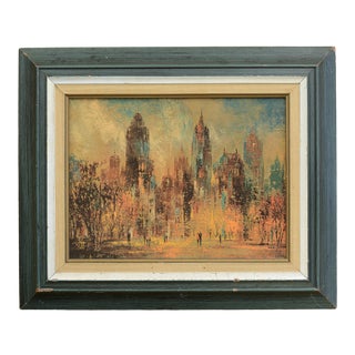 Vintage Print of Signed Mid Century Brutalist Cityscape Painting, Framed For Sale