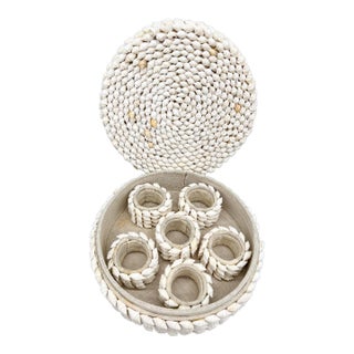 Vintage Seashell Encrusted Napkin Rings With Matching Seashell Box For Sale