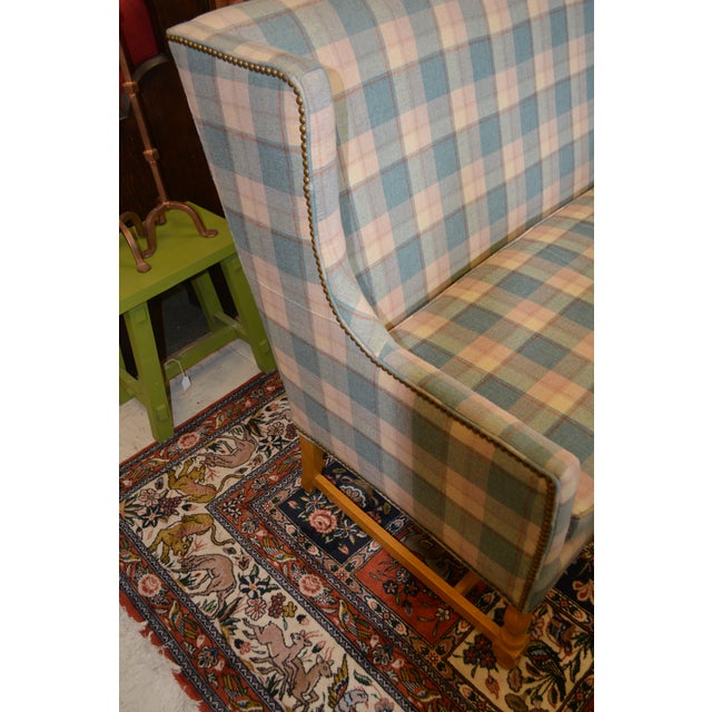 1970s Vintage North Hickory Furniture Blue/Tan Plaid Wingback Settee W/ Nail Head Trim For Sale - Image 5 of 18