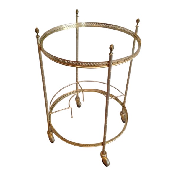 Mid Century Brass Round Rolling Serving Table With Acorn Finials & Bottle Rack For Sale