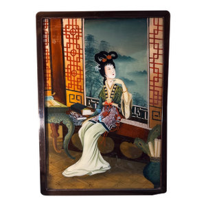 Early 20th Century Reverse Glass Japanese Lady Scholar Painting Antique, Framed