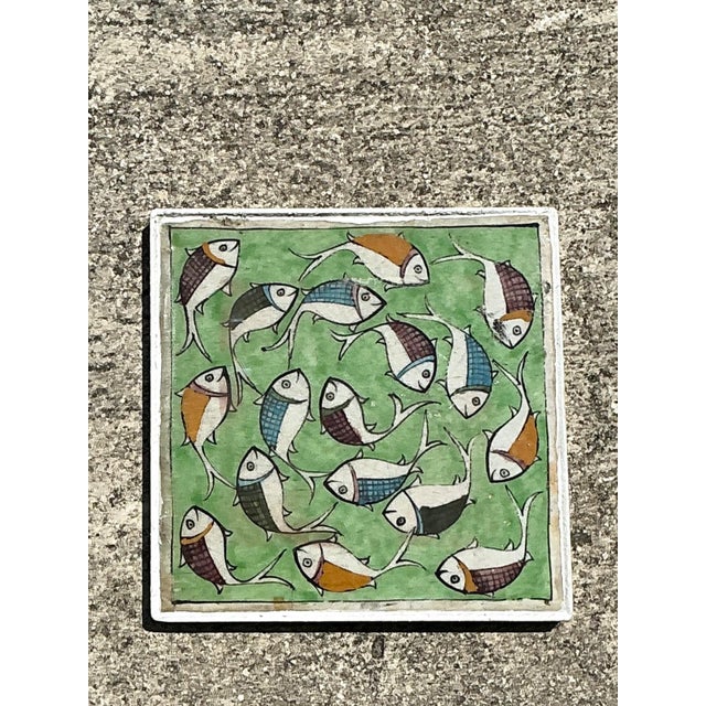 Mediterranean Vintage Hand Painted Fish Tile For Sale - Image 3 of 13