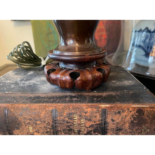 wonderful small lamp, perfect to a counter top or entryway, presented in a bronze base with cloisonné in blue and red...