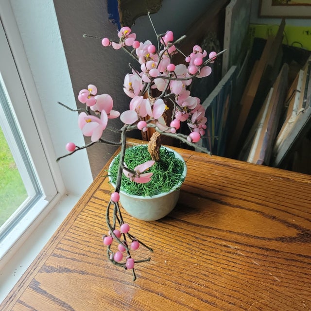 1960s VTG Glass Pink Cherry Blossom Flowers Leaves Bonsai Tree 12" Tall 4.5" Round MCM For Sale - Image 5 of 16