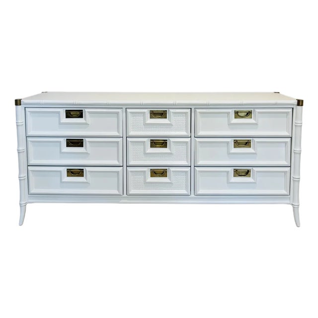 Coastal White Lacquered Faux Bamboo Sideboard/Dresser For Sale