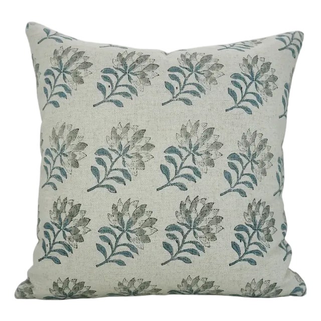 Block Print Water Replicant Cushion Cover 18x18 Inch Cotton Linen- Summer Flower For Sale