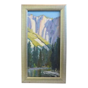 Yosemite Falls California Landscape Oil Painting by Silvio Silvestri Including an Antiqued Silver Wood Frame