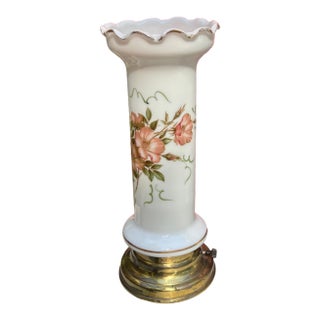 Vintage Floral Glass Table Lamp With Brass Base For Sale