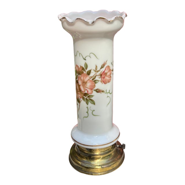 Vintage Floral Glass Table Lamp With Brass Base For Sale
