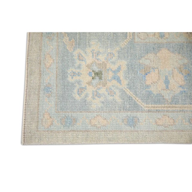 Modern Blue and Pink Floral Handwoven Wool Turkish Oushak Rug 5'1" X 7'2" For Sale - Image 3 of 7