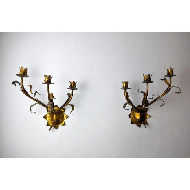 Metal Regency Italian Floral Sconces in Metallic, 1950s, Set of 2 For Sale - Image 7 of 8