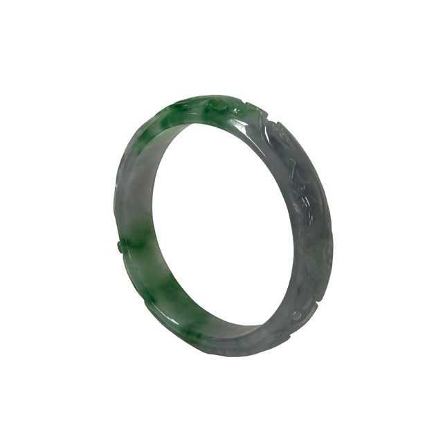 Green 2.375" Chinese Green White Gray Relief Carving Jade Stone Bracelet Bangle For Sale - Image 8 of 9