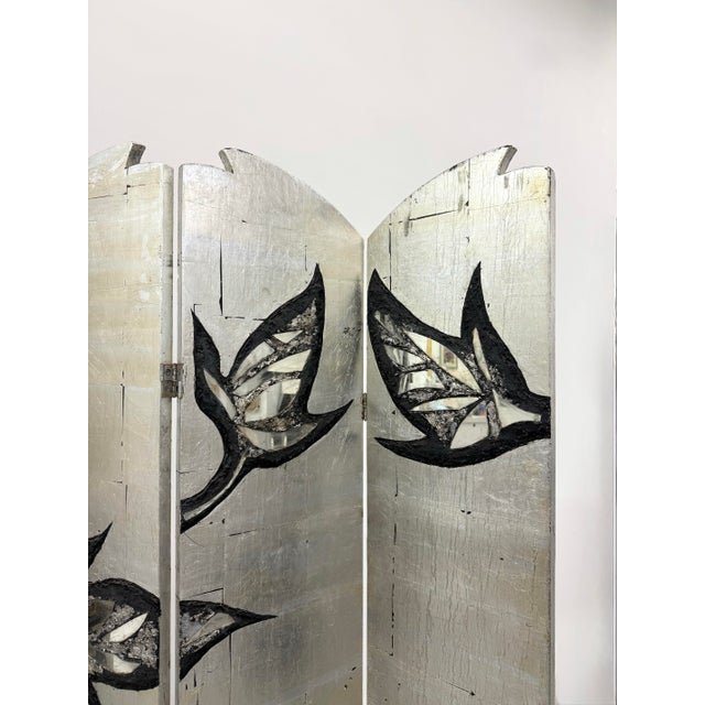 Vintage Midcentury Silver Leaf Botanical Folding Screen With Mirrored Inlays For Sale - Image 4 of 7