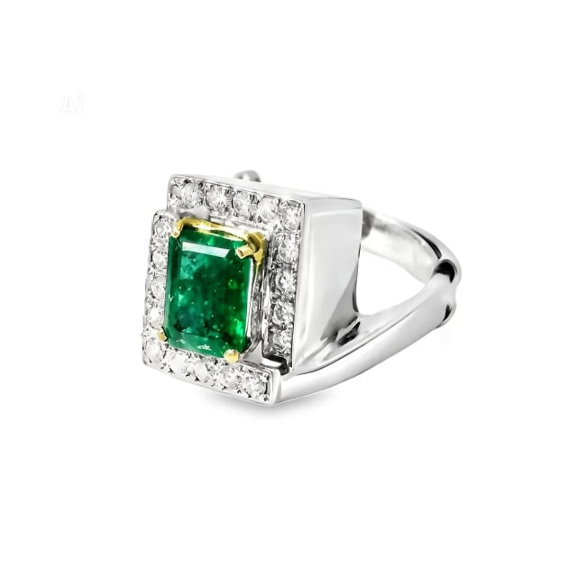Art Deco Late 20th Century 14K White Gold Emerald Diamond Designer Ring, Size 5 For Sale - Image 3 of 3