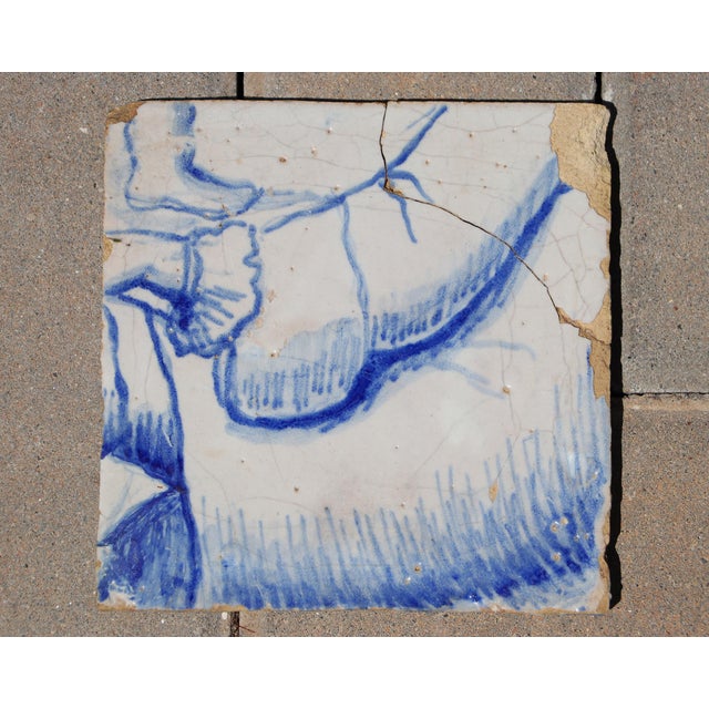 18th Century Baroque Portuguese Tile with Blue & White Figural Detail of a Nobleman Reclining, Showing a Flowing Sleeve...