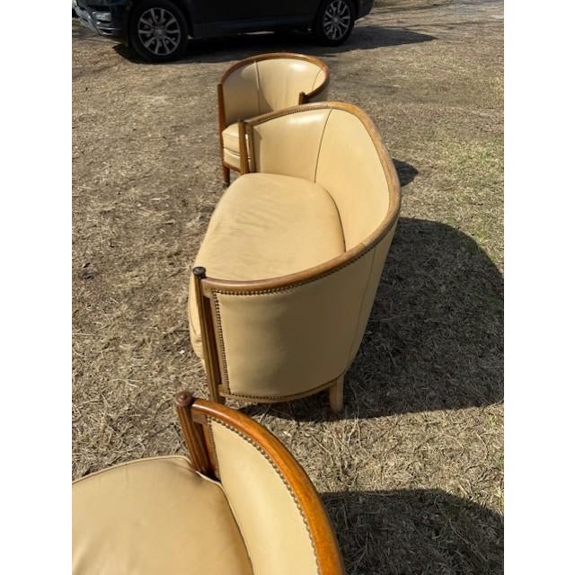 1940s French Art Deco Leather Solid Mahogany Barrel Back Club Chairs and Settees - A Set of 3 Piece For Sale - Image 11 of 17