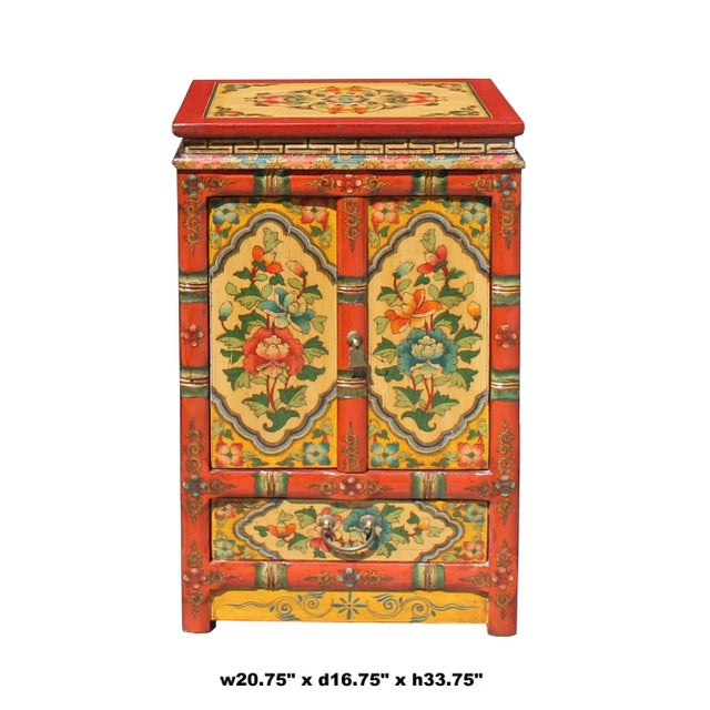 Wood Orange Yellow Tibetan Floral End Table Nightstand Cabinet For Sale - Image 7 of 8