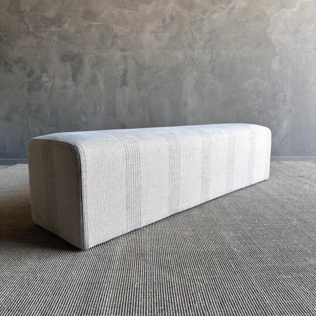Mid-Century Modern Upholstered Ottoman Bench in Stone Washed Linen With Faded Stripe For Sale - Image 3 of 7