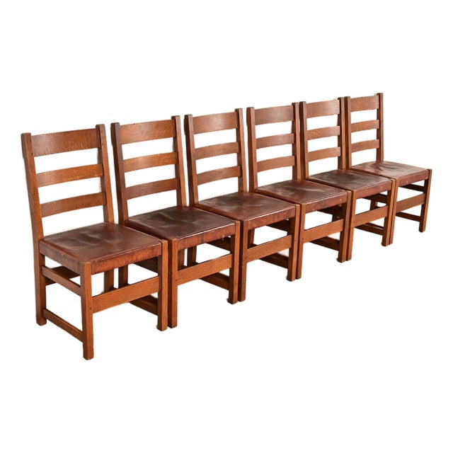 L. & J. G. Stickley Antique Mission Oak Arts & Crafts Ladder Back Dining Chairs | Set of Six For Sale