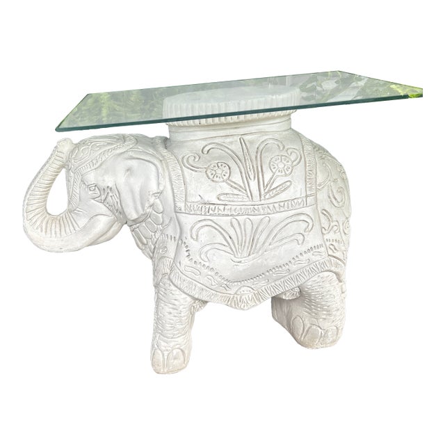 Vintage Mexican Cast Concrete Folk Art Elephant Table With Glass Top For Sale
