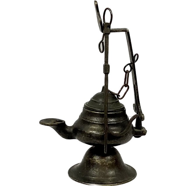 18th Century Italian hanging bronze oil lamp with removable lid. Solid bronze. Can be hung or used as a stand-alone...