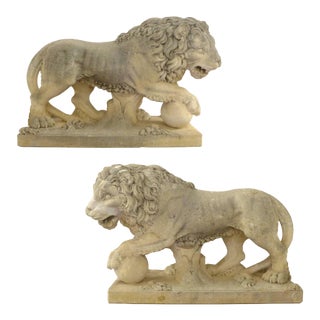 Italian Life-Sized Carved Limestone Lion Statues - a Pair For Sale