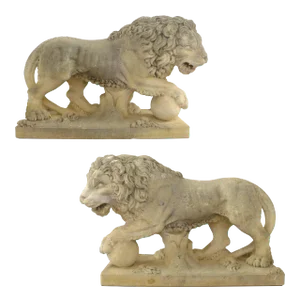 Italian Life-Sized Carved Limestone Lion Statues - a Pair