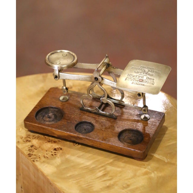 Early 20th Century English Brass Postal Scale With Weights on Oak Base For Sale - Image 9 of 9