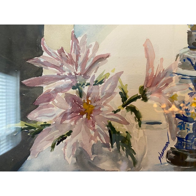 Paper 1980s Blue and White Ginger Jar Lamp Still Life Original Watercolor Painting, Framed For Sale - Image 7 of 10