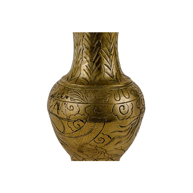 Pair of Vintage Chinese Etched Brass Vases For Sale - Image 10 of 11