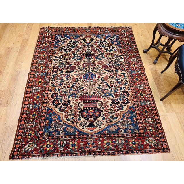 Red Antique Persian Bakhtiari Bibibaft Rug, Hand-Knotted Wool, The Tree of Life Pattern, Tan & Red, 5x7 For Sale - Image 8 of 18