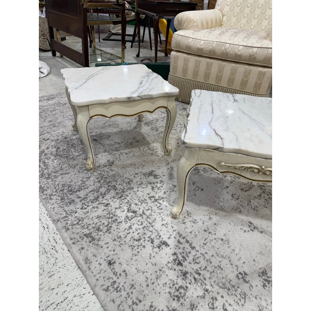 French French Louis XV Style Vintage Pair Marble Top Low End Tables For Sale - Image 3 of 11