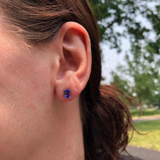 Tanzanite Solitaire Stud Earrings in Solid 14k Gold Emerald Cut - 2 Pieces For Sale In Columbus - Image 6 of 6