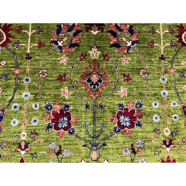 Green Afghan Sultani Natural Dye Wool Rug, Persian Floral Botanical Design, 6′9″ × 9′9″ For Sale - Image 9 of 15