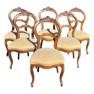 Set 6 Carved Walnut French Baloon Back Chairs For Sale
