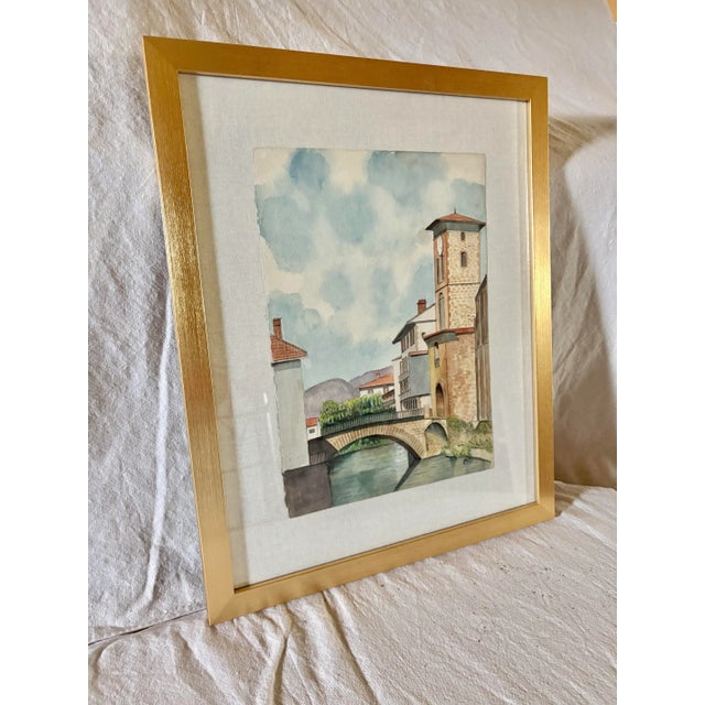 French Mid 20th Century Framed French Watercolor Painting of St Jean Pied De Port For Sale - Image 3 of 12