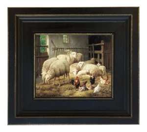Sheep and Chickens Framed Oil Painting Reproduction Print on Canvas