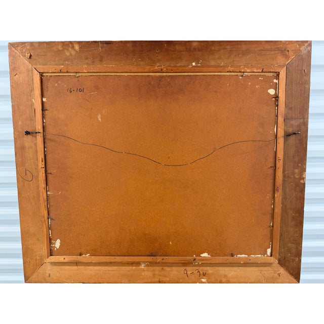 Hollywood Regency 1961 American Donal Purdy Modernist Composition of a Female Figure in a Vibrant Garden Setting Frame Oil Art on Masonite. For Sale - Image 4 of 10