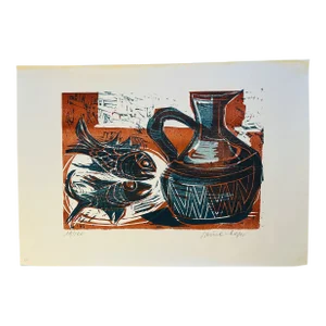 1970s Signed Woodblock Still Life Print by Maria Beine Hager