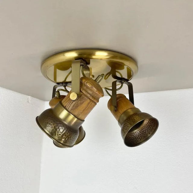 Modern Modern Three-Spot Brass and Oak Ceiling Light from TEMDE Leuchten, Germany 1970s For Sale - Image 3 of 18