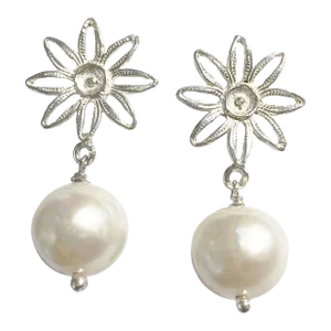 Custom Made 11.7mm Round White Pearl Stud Earrings W/Filigree Sterling Silver